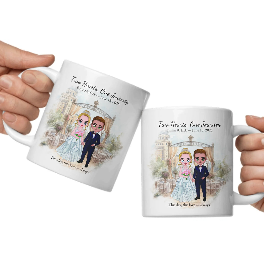 Personalized bride and groom wedding mug with custom cartoon portrait, names, date, and romantic quote – perfect gift -ceramic mugs both sides in hands-ARTFULANE