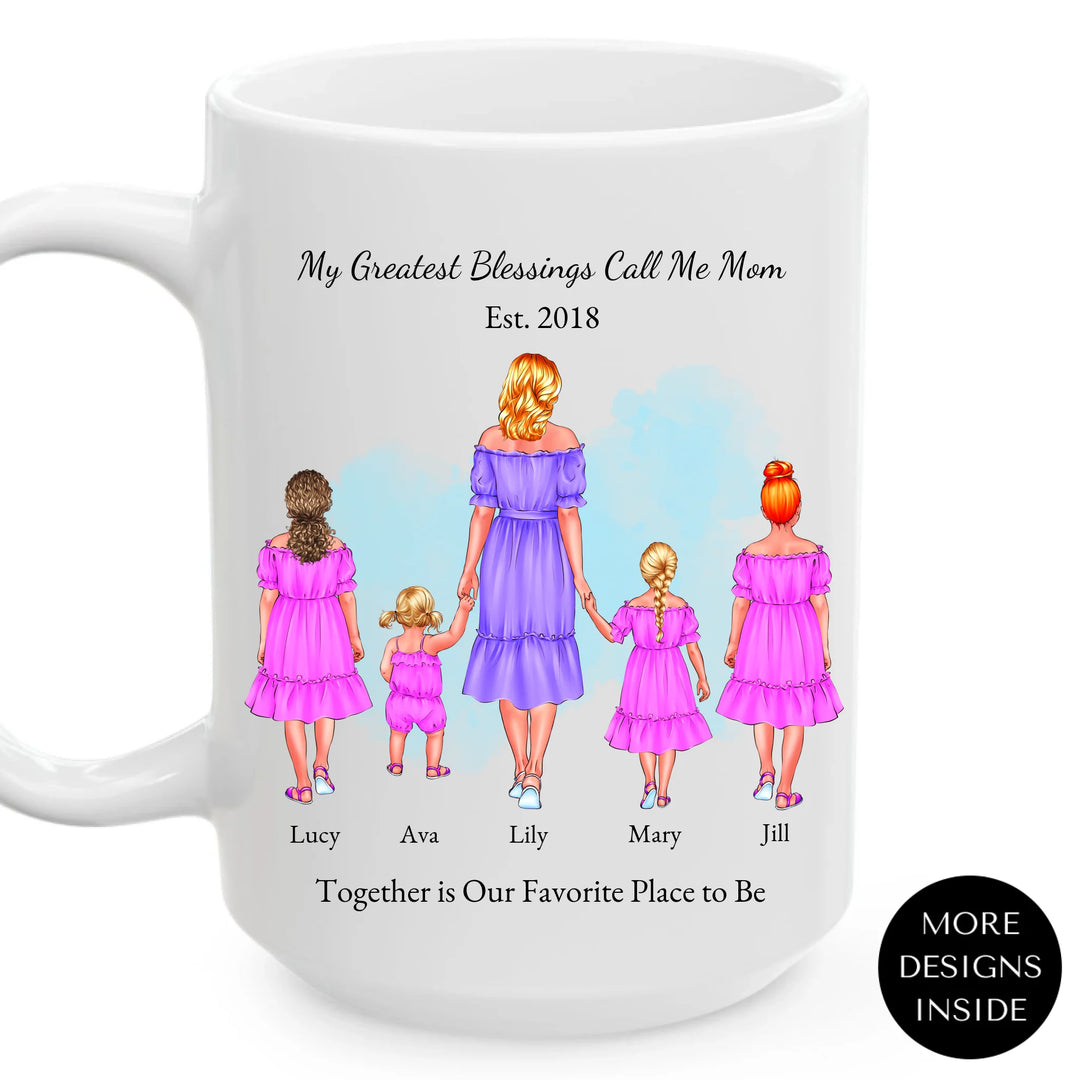 Personalized mug with mother and 1–4 daughters, custom outfits and names, perfect sentimental gift for mom -ARTFULANE
