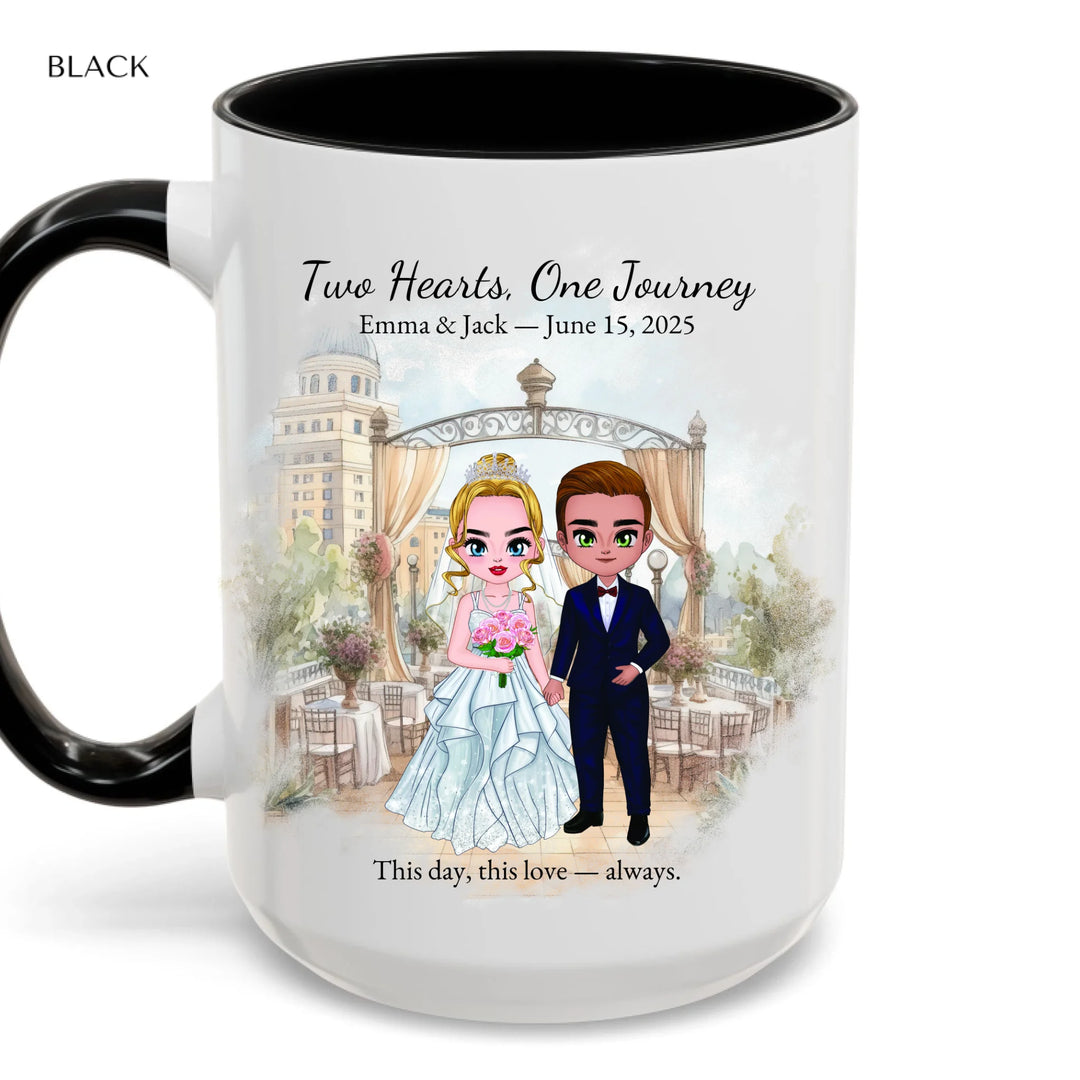 Personalized bride and groom wedding mug with custom cartoon portrait, names, date, and romantic quote – perfect gift - accent coffee mug with black handle-ARTFULANE