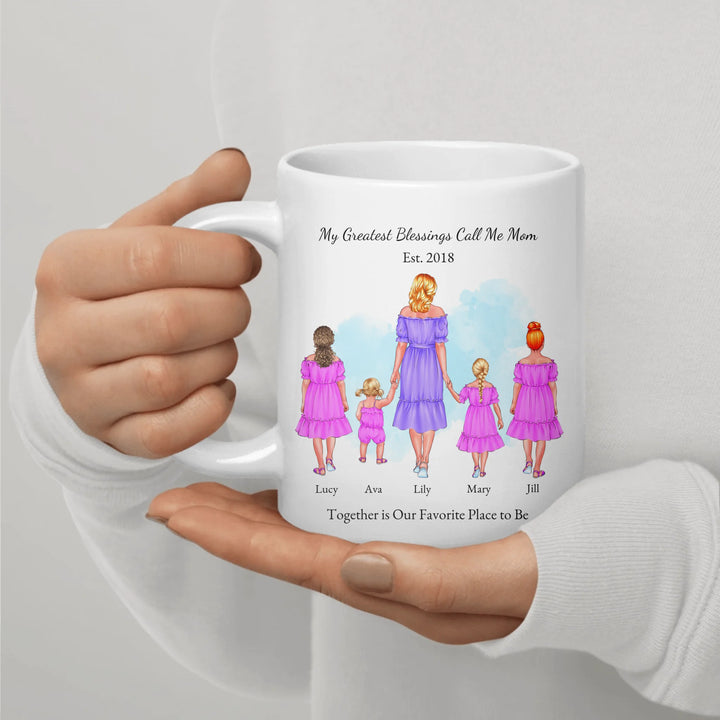 Personalized mug with mother and 1–4 daughters, custom outfits and names, perfect sentimental gift for mom - ceramic mug in hand-ARTFULANE
