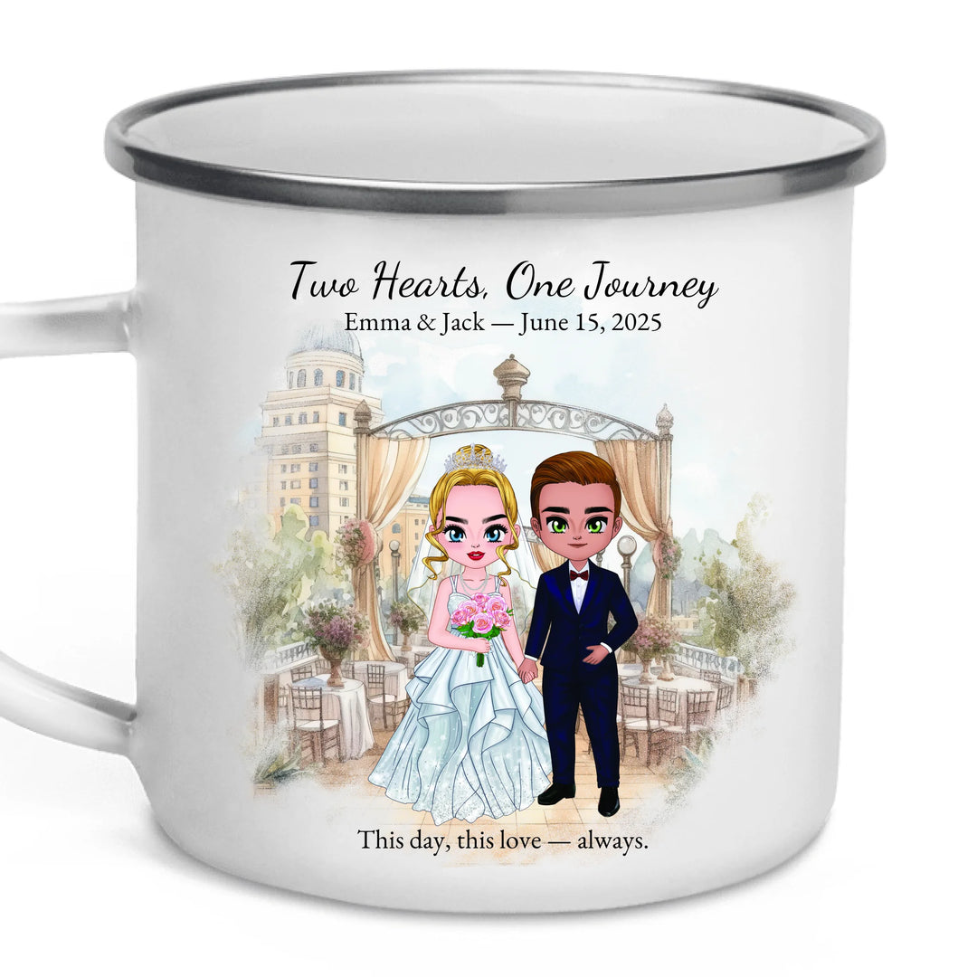 Personalized bride and groom wedding mug with custom cartoon portrait, names, date, and romantic quote – perfect gift -enamel camping mug-ARTFULANE