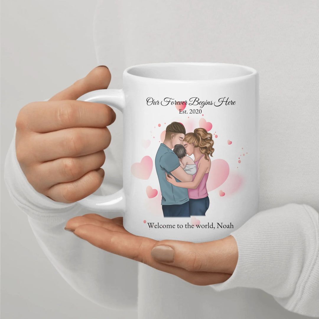 Custom family mug with illustrated parents and baby portrait - ceramic mug in hand-ARTFULANE