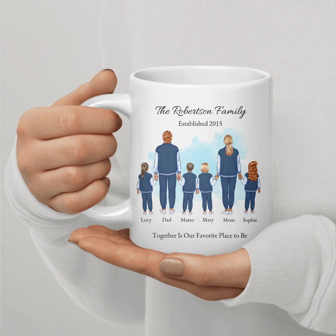 Custom family portrait mug with 1–4 kids, matching outfits, and names under each figure -ceramic mug in hand-ARTFULANE
