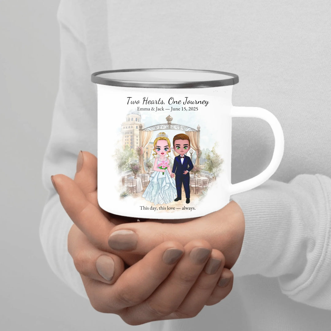 Personalized bride and groom wedding mug with custom cartoon portrait, names, date, and romantic quote – perfect gift -enamel camping mug in hand-ARTFULANE