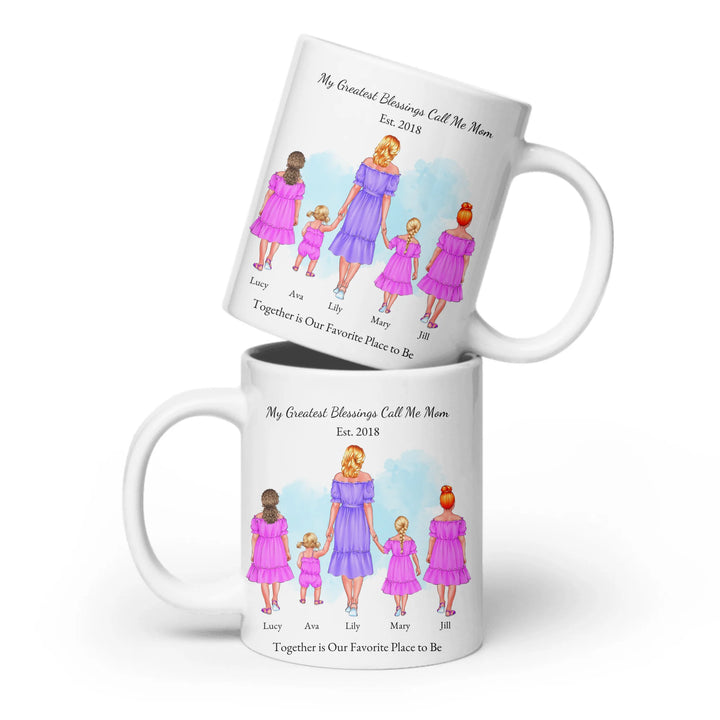 Personalized mug with mother and 1–4 daughters, custom outfits and names, perfect sentimental gift for mom -ceramic mug both sides-ARTFULANE
