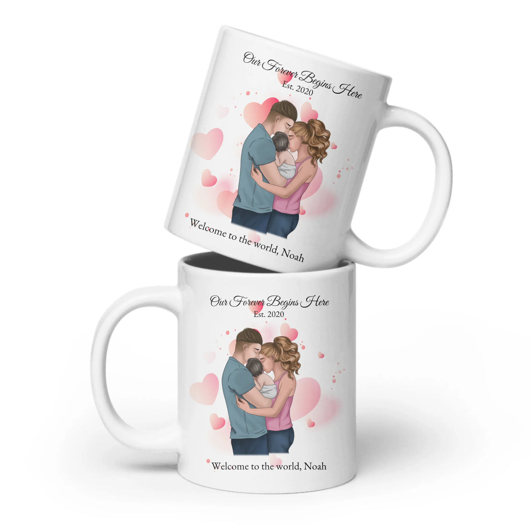 Custom family mug with illustrated parents and baby portrait - ceramic mug both sides-ARTFULANE