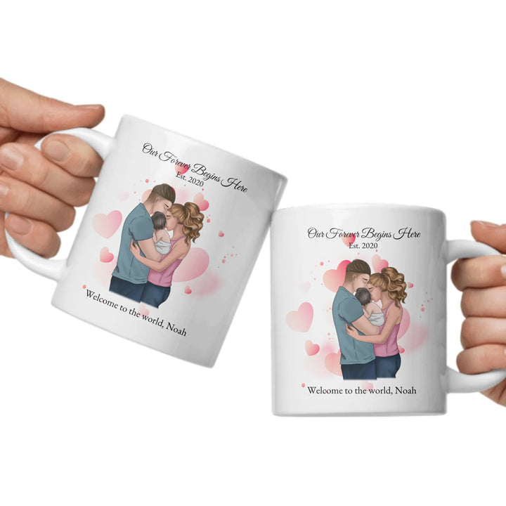 Custom family mug with illustrated parents and baby portrait -ceramic mugs both sides in hands-ARTFULANE