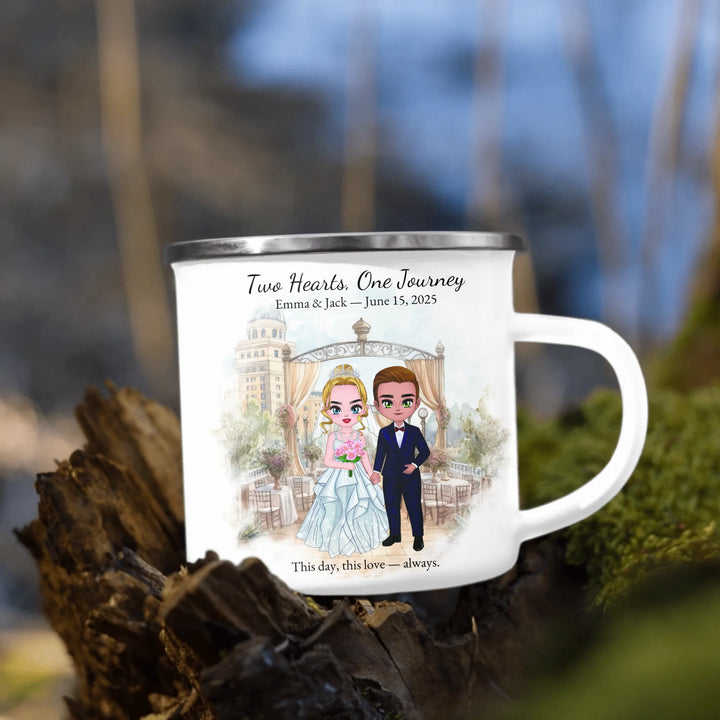 Personalized bride and groom wedding mug with custom cartoon portrait, names, date, and romantic quote – perfect gift -enamel camping mug outdoors-ARTFULANE