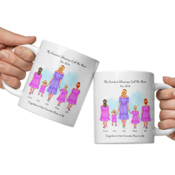 Personalized mug with mother and 1–4 daughters, custom outfits and names, perfect sentimental gift for mom -ceramic mugs both sides in hands-ARTFULANE