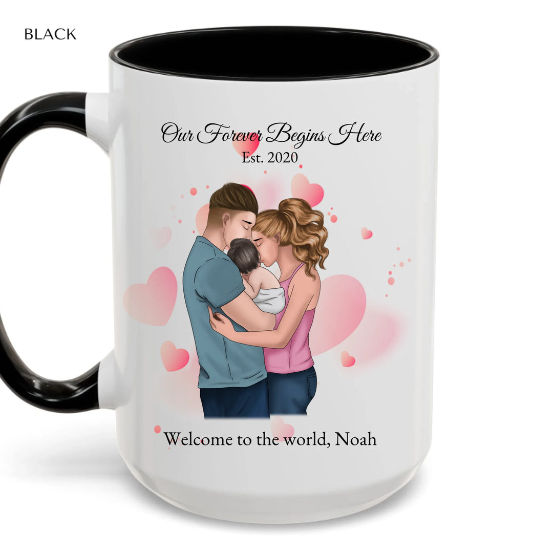 Custom family mug with illustrated parents and baby portrait -accent coffee mug with black handle-ARTFULANE