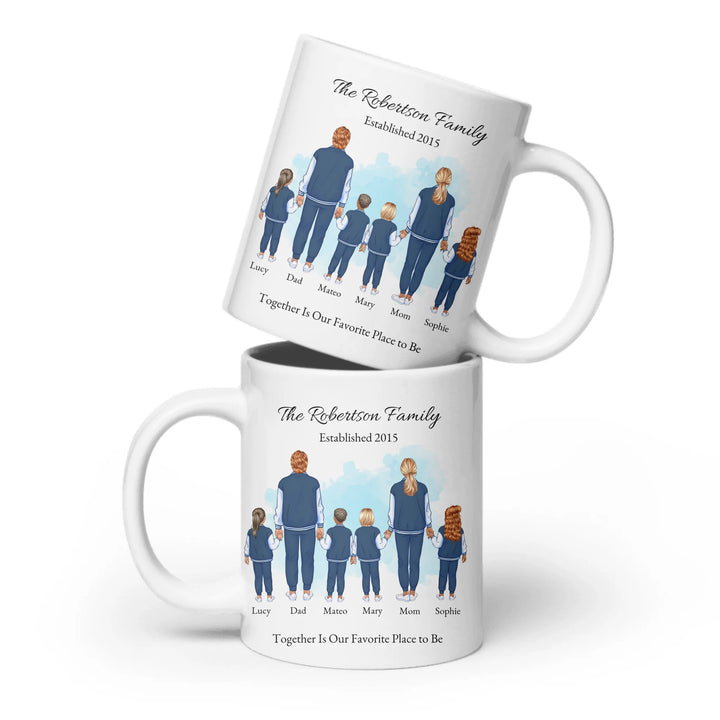 Custom family portrait mug with 1–4 kids, matching outfits, and names under each figure -ceramic mug both sides-ARTFULANE