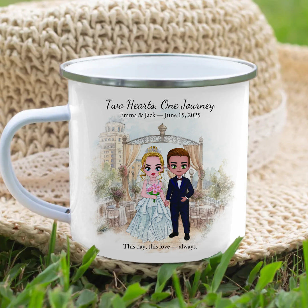 Personalized bride and groom wedding mug with custom cartoon portrait, names, date, and romantic quote – perfect gift - enamel camping mug lifestyle-ARTFULANE