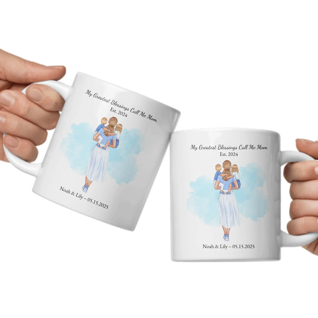 Custom mother and baby portrait mug with personalized name and date -ceramic mugs both sides in hands-ARTFULANE