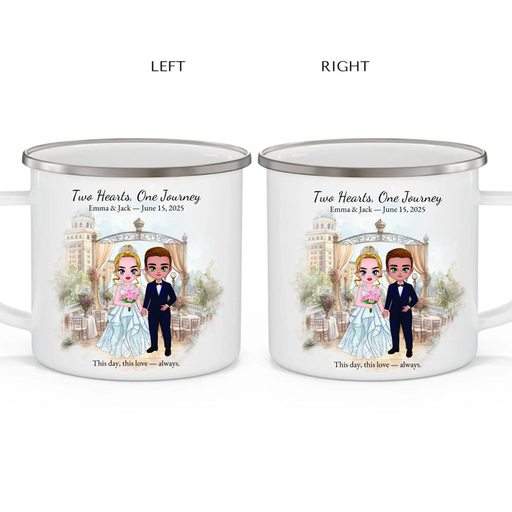 Personalized bride and groom wedding mug with custom cartoon portrait, names, date, and romantic quote – perfect gift -enamel camping mug 2 views-ARTFULANE