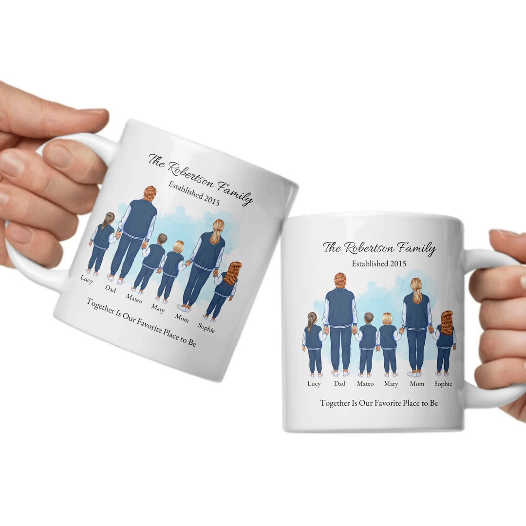Custom family portrait mug with 1–4 kids, matching outfits, and names under each figure -ceramic mugs both sides in hands-ARTFULANE