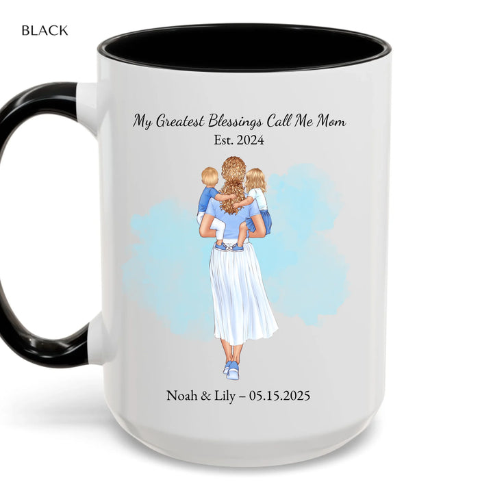 Custom mother and baby portrait mug with personalized name and date -accent coffee mug with black handle-ARTFULANE