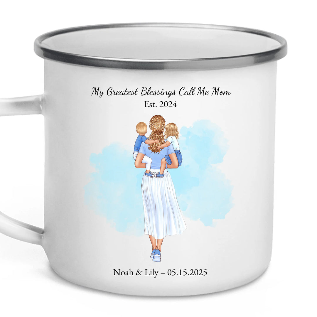 Custom mother and baby portrait mug with personalized name and date - enamel camping mug-ARTFULANE