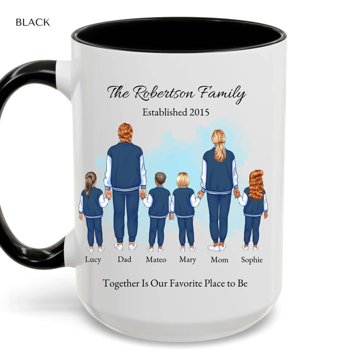 Custom family portrait mug with 1–4 kids, matching outfits, and names under each figure -accent coffee mug with black handle-ARTFULANE