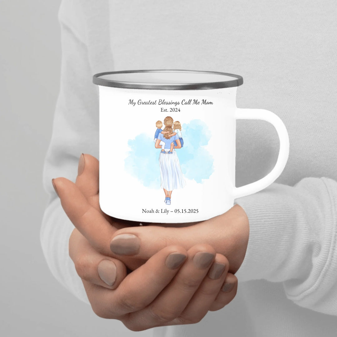 Custom mother and baby portrait mug with personalized name and date - enamel camping mug in hand-ARTFULANE