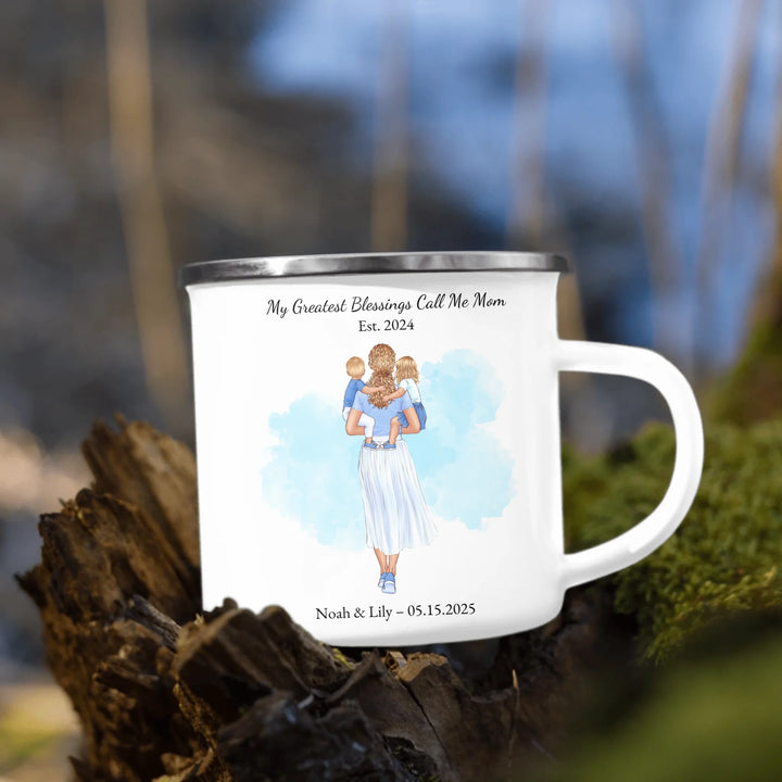 Custom mother and baby portrait mug with personalized name and date - enamel camping mug outdoors-ARTFULANE