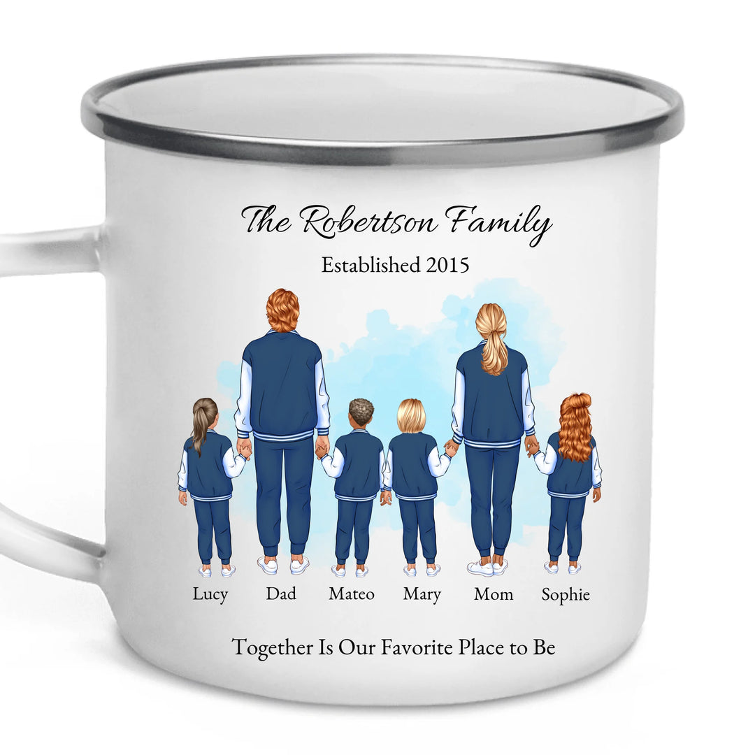 Custom family portrait mug with 1–4 kids, matching outfits, and names under each figure -enamel camping mug-ARTFULANE