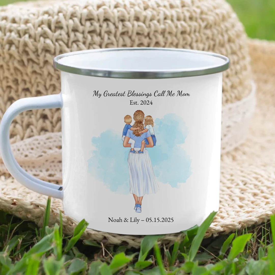 Custom mother and baby portrait mug with personalized name and date -enamel camping mug lifestyle-ARTFULANE