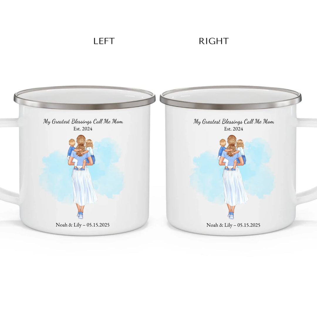 Custom mother and baby portrait mug with personalized name and date - enamel camping mug 2 views-ARTFULANE
