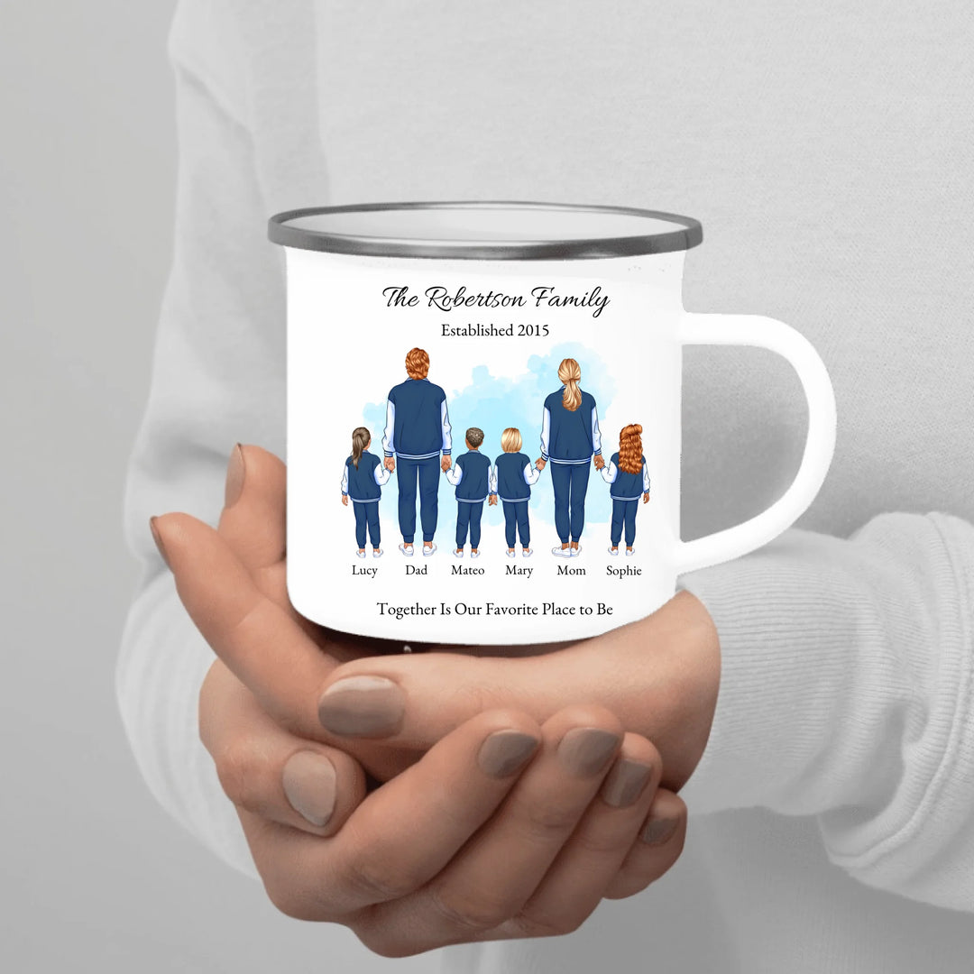 Custom family portrait mug with 1–4 kids, matching outfits, and names under each figure - enamel camping mug in hand-ARTFULANE