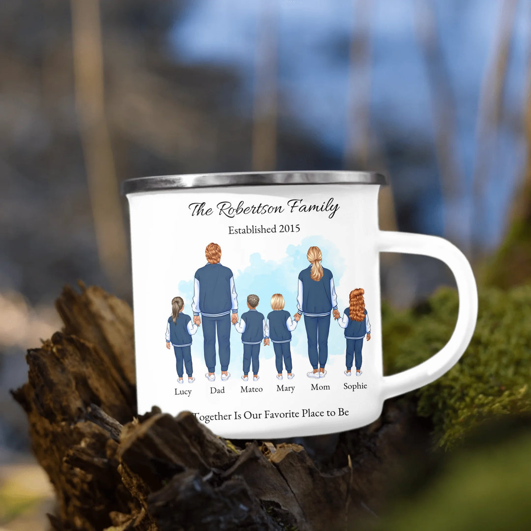 Custom family portrait mug with 1–4 kids, matching outfits, and names under each figure - enamel camping mug outdoors-ARTFULANE