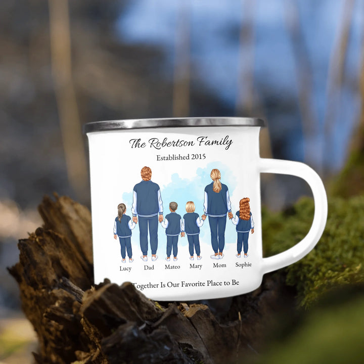 Custom family portrait mug with 1–4 kids, matching outfits, and names under each figure - enamel camping mug outdoors-ARTFULANE