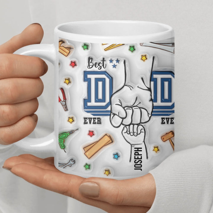 Custom “Best Dad Ever” mug with 3D-inflated print look and child hand names – personalized Father’s Day gift-11 oz ceramic mug in palm of hand-ARTFULANE