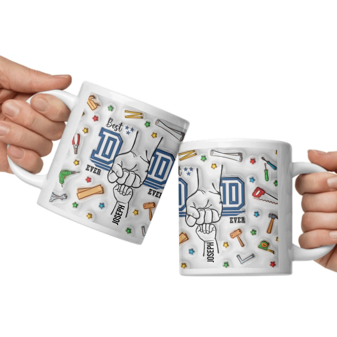 Custom “Best Dad Ever” mug with 3D-inflated print look and child hand names – personalized Father’s Day gift-11 oz ceramic mugs both side-ARTFULANE