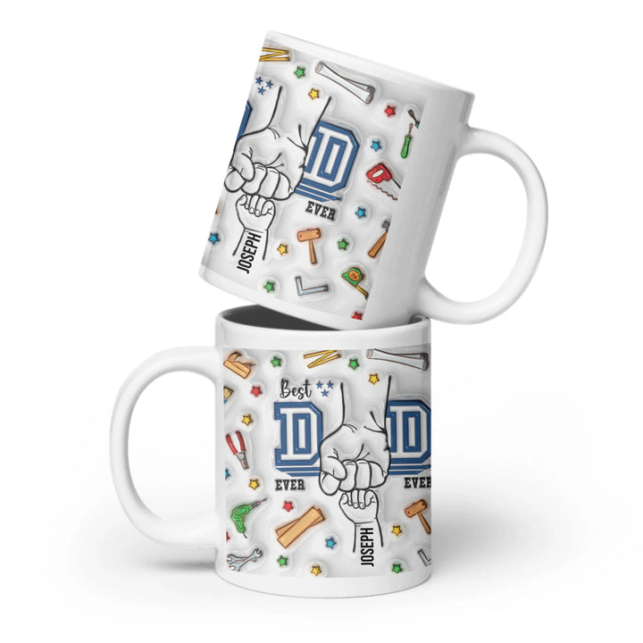 Custom “Best Dad Ever” mug with 3D-inflated print look and child hand names – personalized Father’s Day gift-11 oz ceramic mugs stacked-ARTFULANE