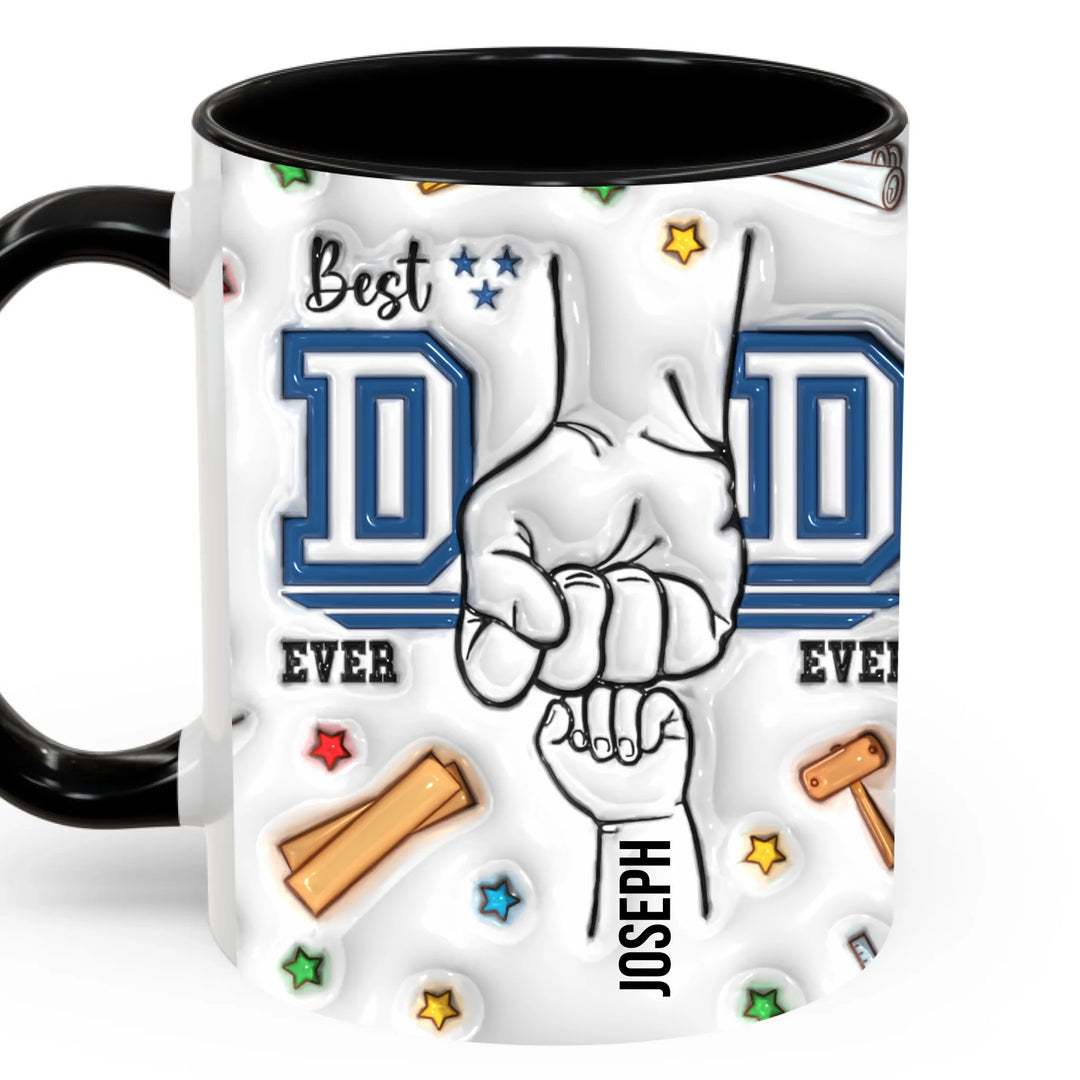 Custom “Best Dad Ever” mug with 3D-inflated print look and child hand names – personalized Father’s Day gift-accent ceramic mug with black handle-ARTFULANE