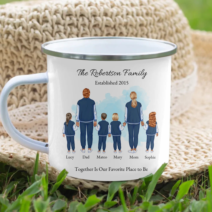 Custom family portrait mug with 1–4 kids, matching outfits, and names under each figure -enamel camping mug lifestyle-ARTFULANE