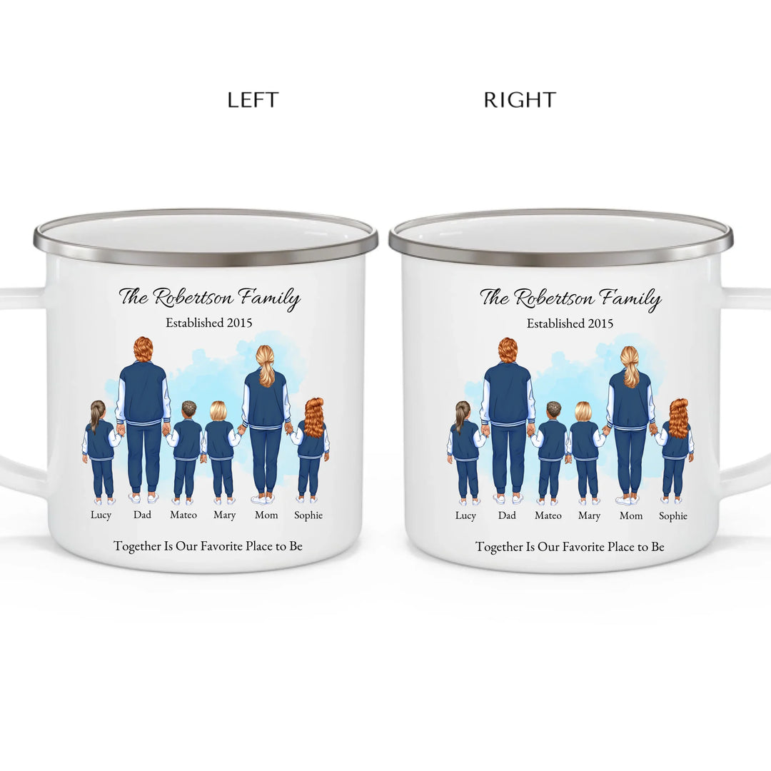 Custom family portrait mug with 1–4 kids, matching outfits, and names under each figure -enamel camping mug 2 views-ARTFULANE