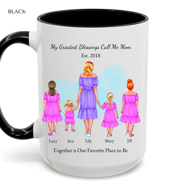 Personalized mug with mother and 1–4 daughters, custom outfits and names, perfect sentimental gift for mom - accent coffee mug with black handle-ARTFULANE