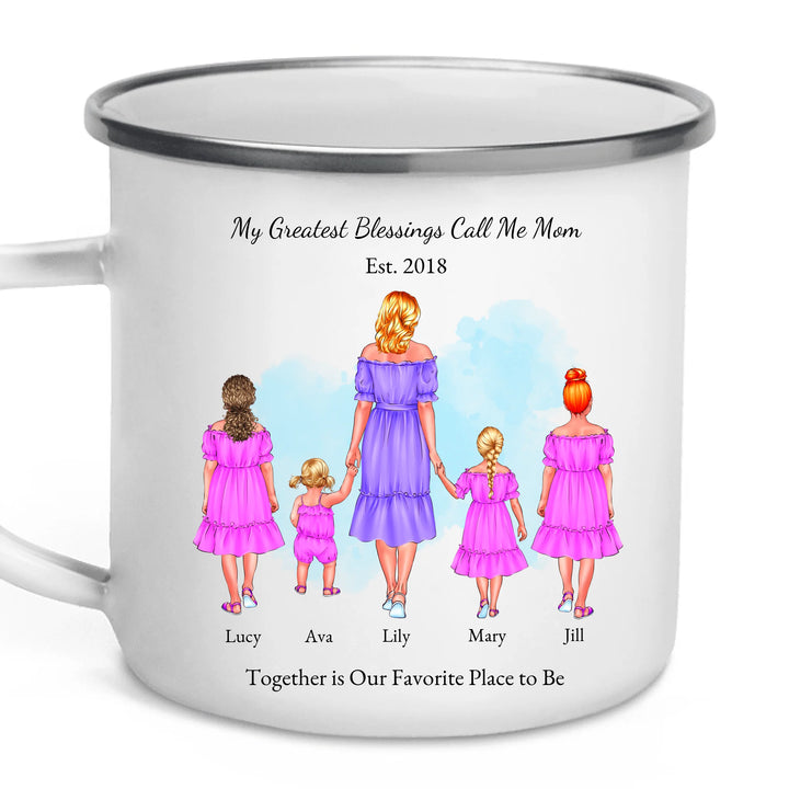Personalized mug with mother and 1–4 daughters, custom outfits and names, perfect sentimental gift for mom -enamel camping mug-ARTFULANE