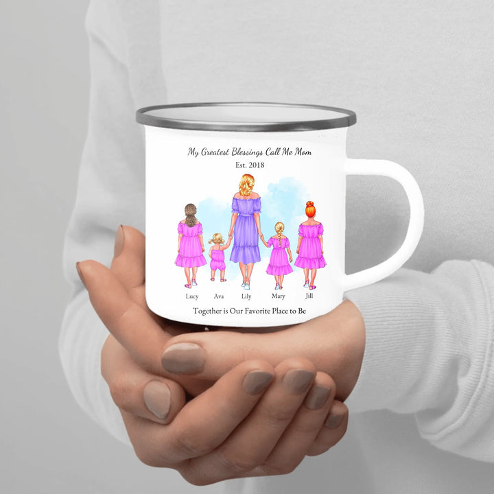 Personalized mug with mother and 1–4 daughters, custom outfits and names, perfect sentimental gift for mom -enamel camping mug in hand-ARTFULANE