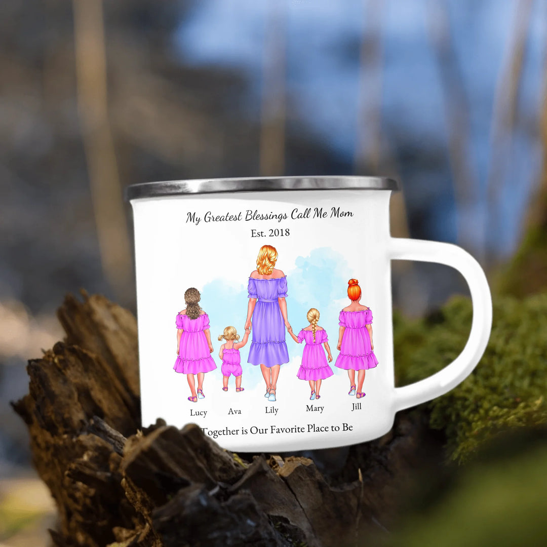 Personalized mug with mother and 1–4 daughters, custom outfits and names, perfect sentimental gift for mom -enamel camping mug outdoors-ARTFULANE