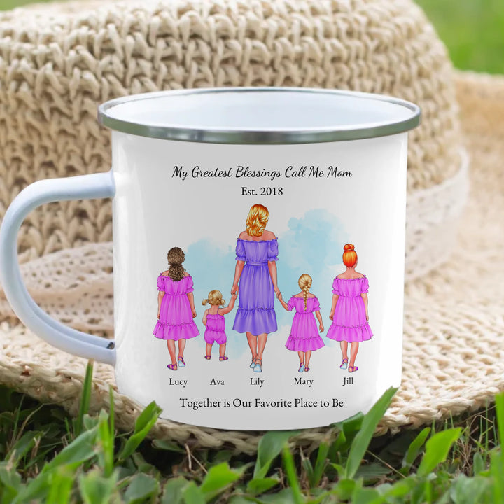 Personalized mug with mother and 1–4 daughters, custom outfits and names, perfect sentimental gift for mom -enamel camping mug lifestyle-ARTFULANE
