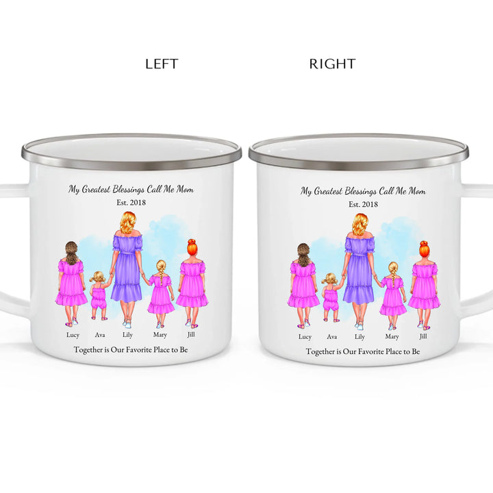 Personalized mug with mother and 1–4 daughters, custom outfits and names, perfect sentimental gift for mom -enamel camping mug 2 views-ARTFULANE