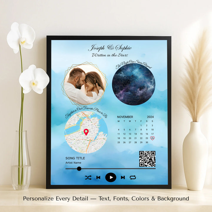 Framed custom couple wall art featuring a photo, star map, location map, special date calendar, QR code, and personalized song -framed canvas on table-ARTFULANE