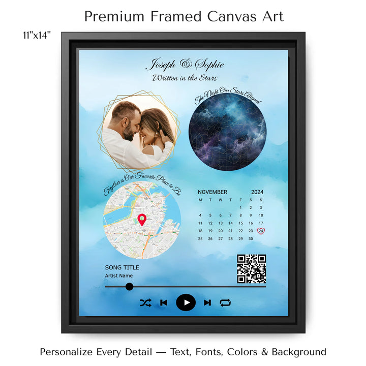 Framed custom couple wall art featuring a photo, star map, location map, special date calendar, QR code, and personalized song -11x14 framed canvas-ARTFULANE