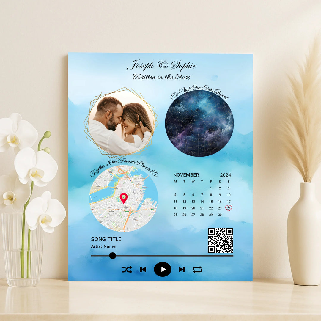 Framed custom couple wall art featuring a photo, star map, location map, special date calendar, QR code, and personalized song -vertical unframed canvas-ARTFULANE