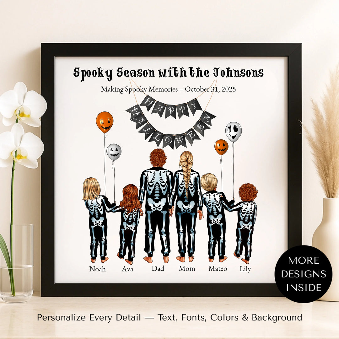 Custom Halloween family portrait wall art featuring parents and kids in skeleton costumes with balloons and Happy Halloween banner - framed canvas on shelf-ARTFULANE