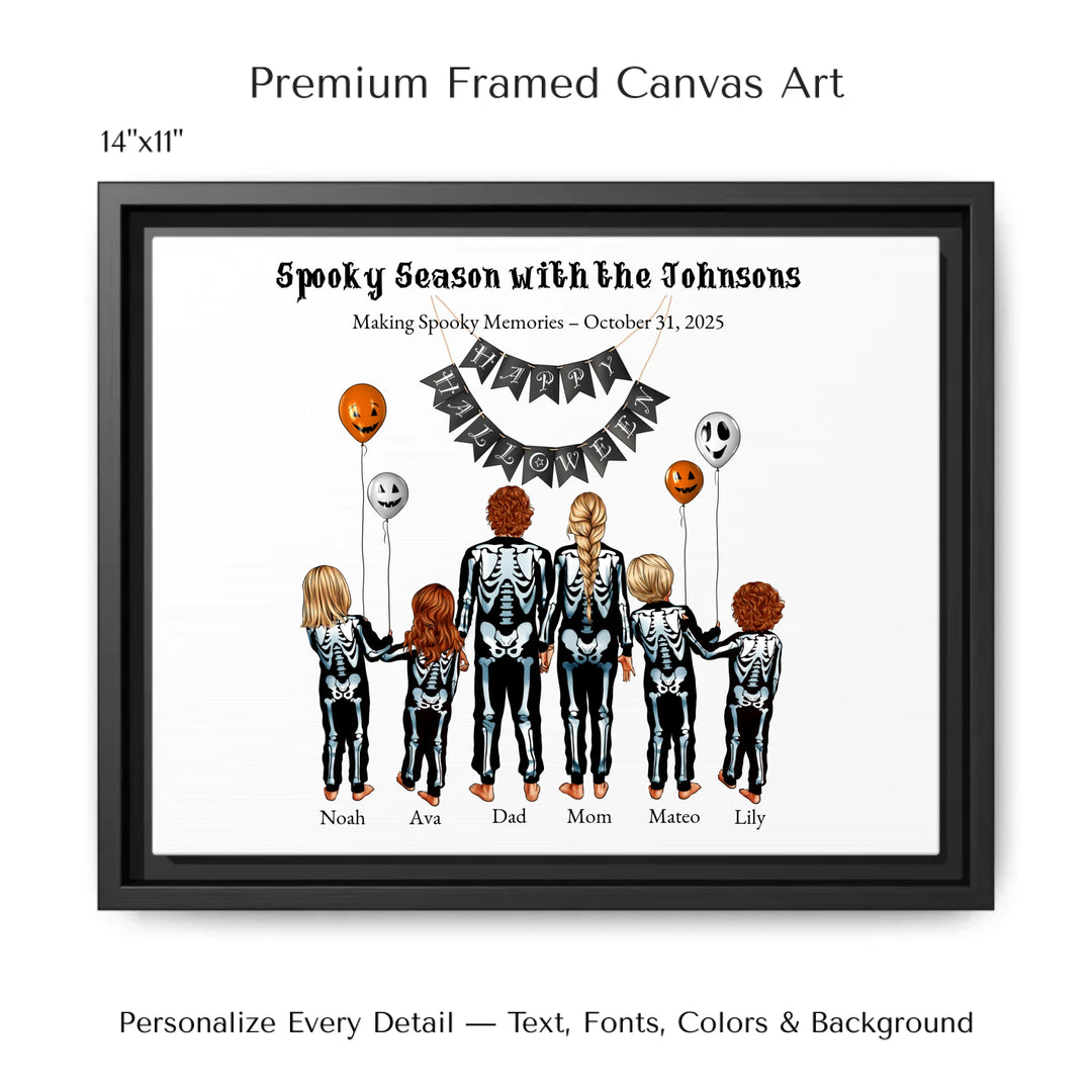 Custom Halloween family portrait wall art featuring parents and kids in skeleton costumes with balloons and Happy Halloween banner - 14x11 framed canvas-ARTFULANE