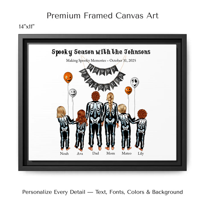 Custom Halloween family portrait wall art featuring parents and kids in skeleton costumes with balloons and Happy Halloween banner - 14x11 framed canvas-ARTFULANE