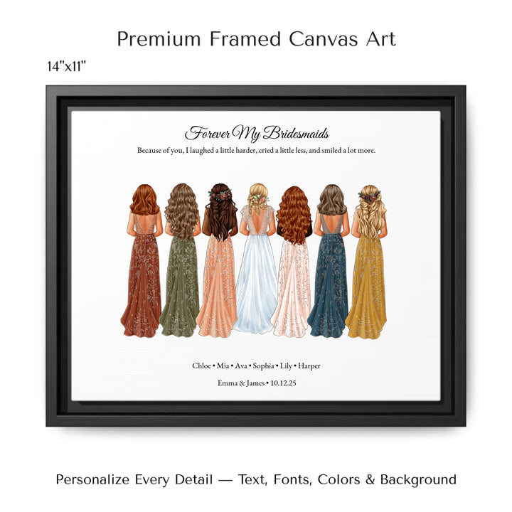 Custom bridesmaid wall art featuring bride with 6 bridesmaids in elegant dresses – personalized names and wedding date included - 14x11 framed canvas-ARTFULANE