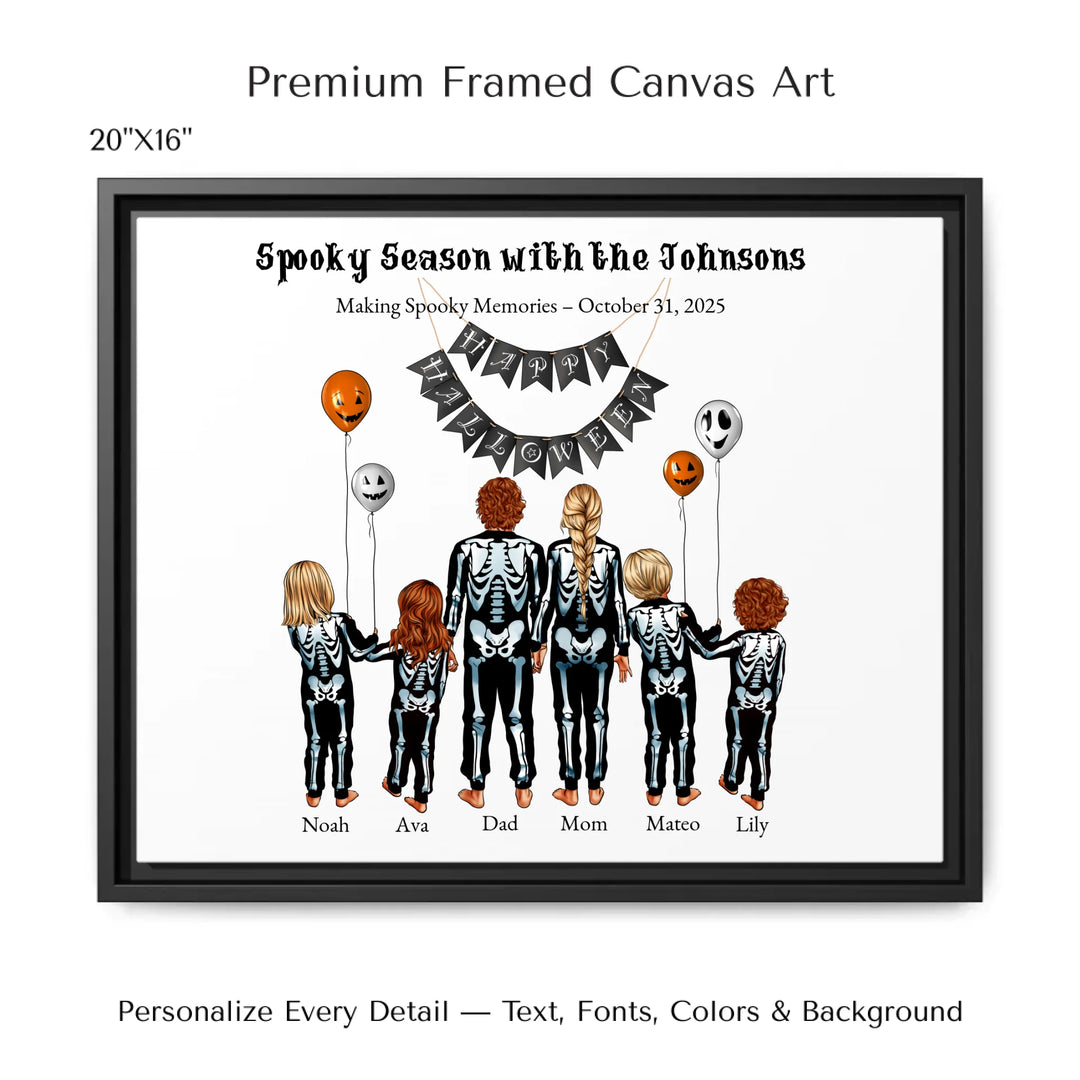 Custom Halloween family portrait wall art featuring parents and kids in skeleton costumes with balloons and Happy Halloween banner -  20x16 framed canvas-ARTFULANE